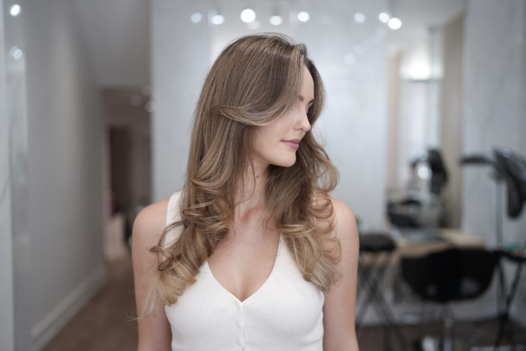 Toffee brown/blonde partial highlights at PERFECT X HAIR in Toronto